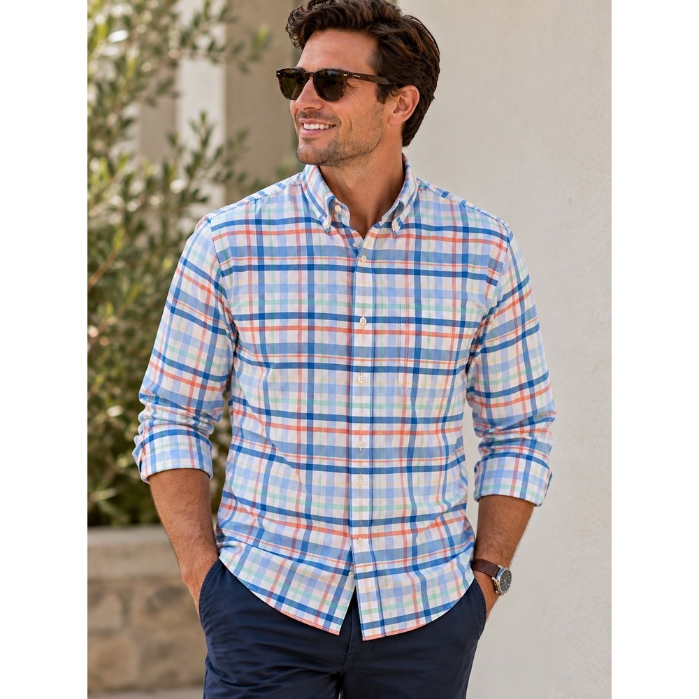 Lands End Mens Large Tailored Fit Supima No Iron Oxford Plaid Shirt Office Fall